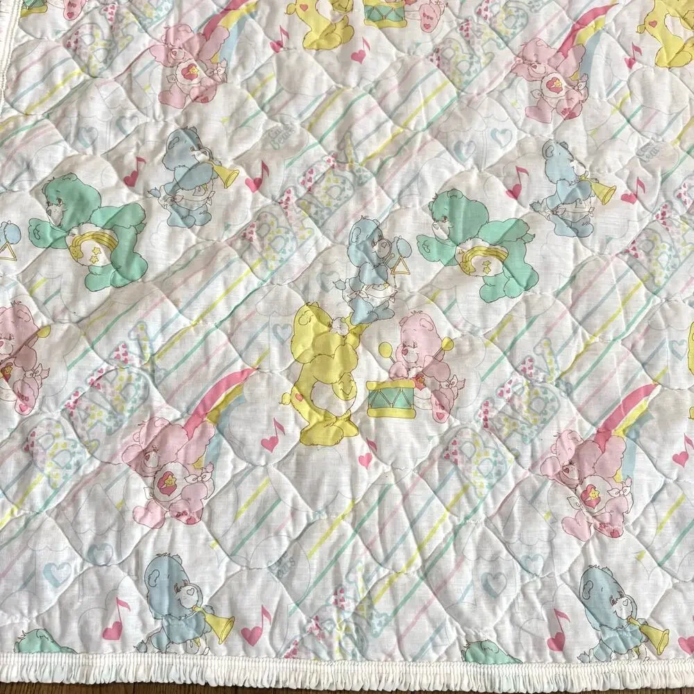 Vintage Curity Care Bears Baby Crib Quilted Blanket Musical Notes 80's Pastel